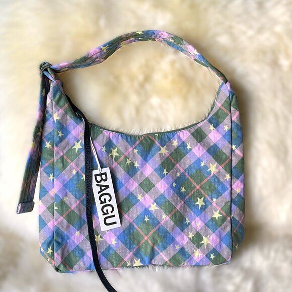 NWT Baggu Nylon Shoulder Bag - Green Star Plaid - Picture 2 of 8
